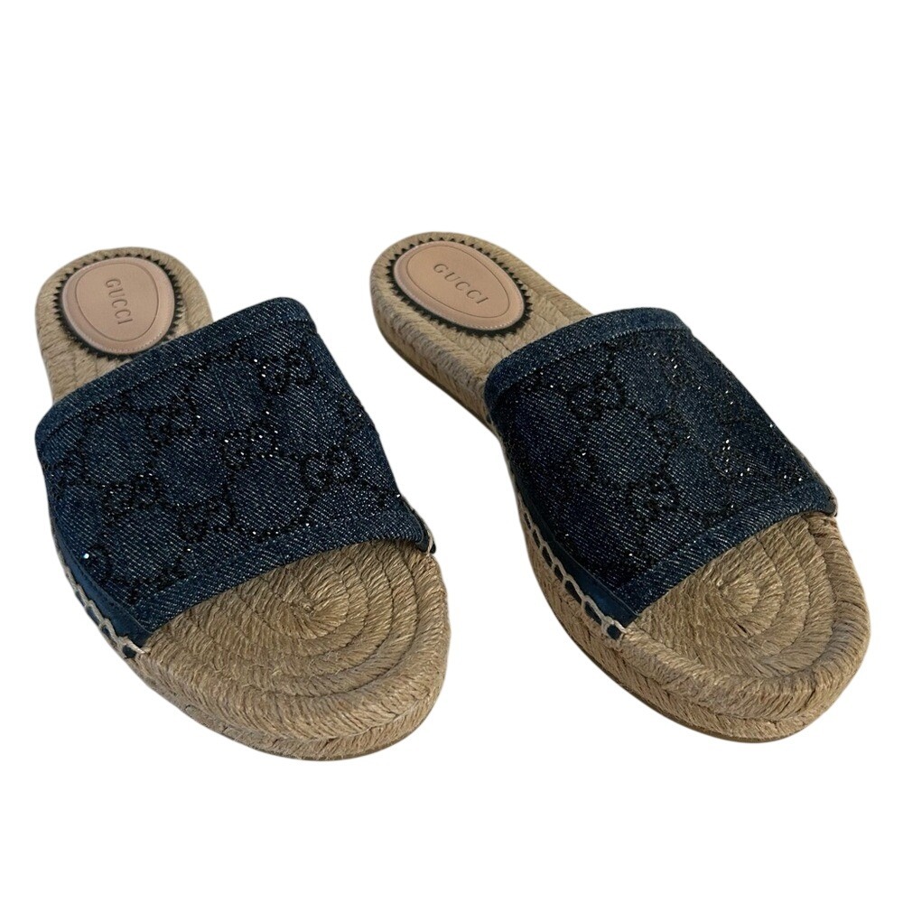 Gucci‎ Denim Blue GG Crystals Espadrille Slip On Slide Sandals Size 36